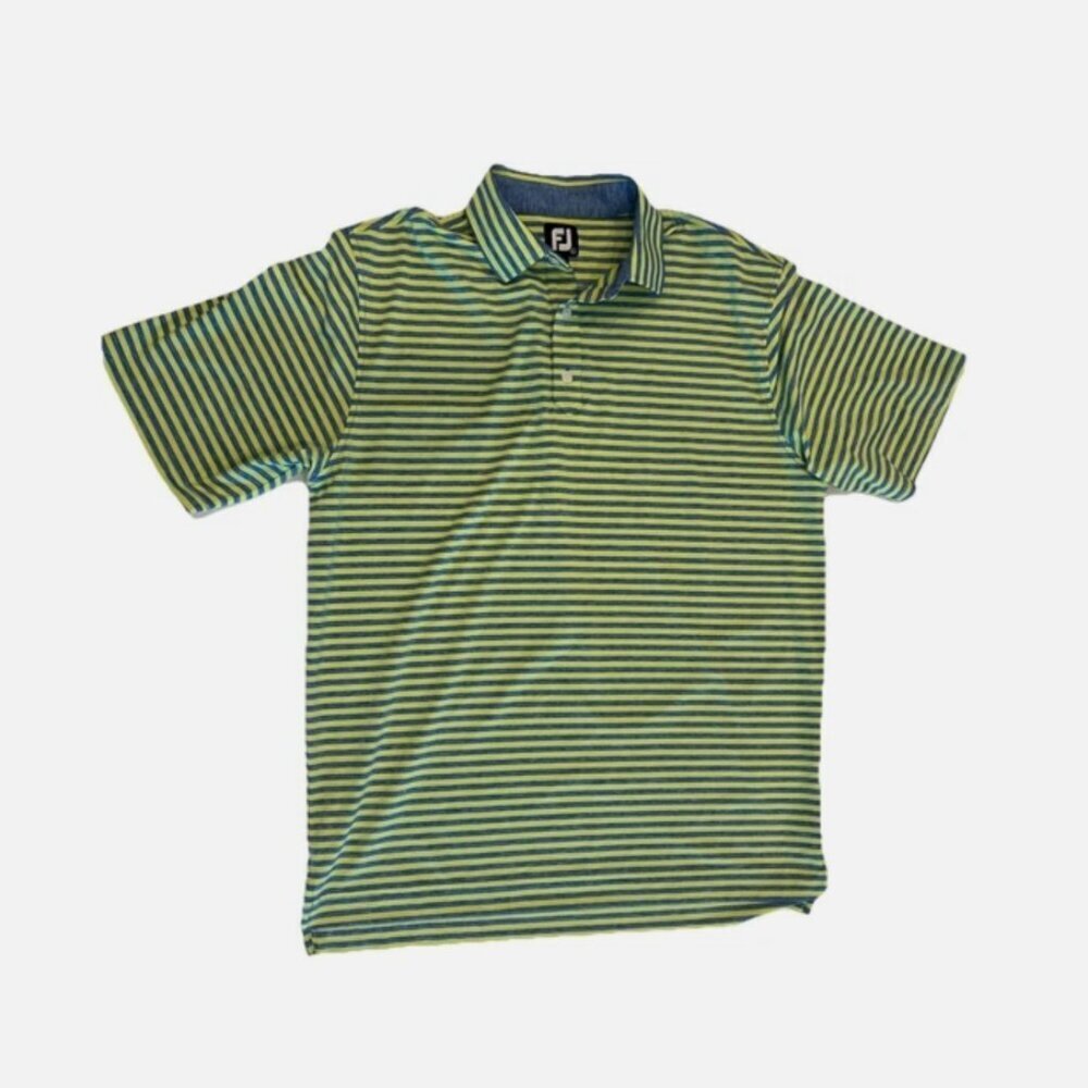 FootJoy Men’s Large Blue & Lime Pullover Stretch Golf Breathable Striped Polo